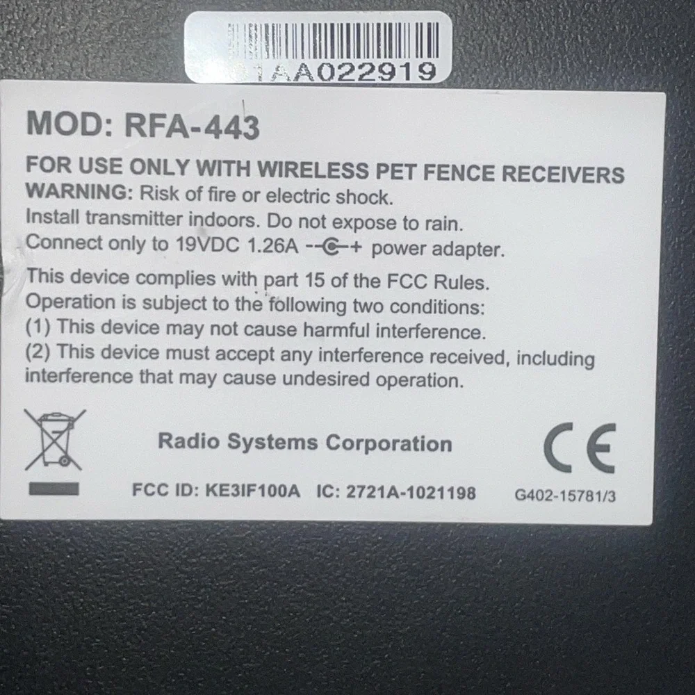 Wireless Pet Containment System Petsafe RFA-443 Adjustable Boundary Control WRKS